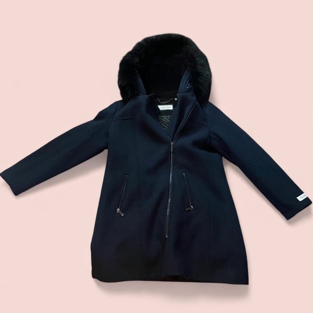 Calvin Klein Navy Coat with Faux Fur Hood